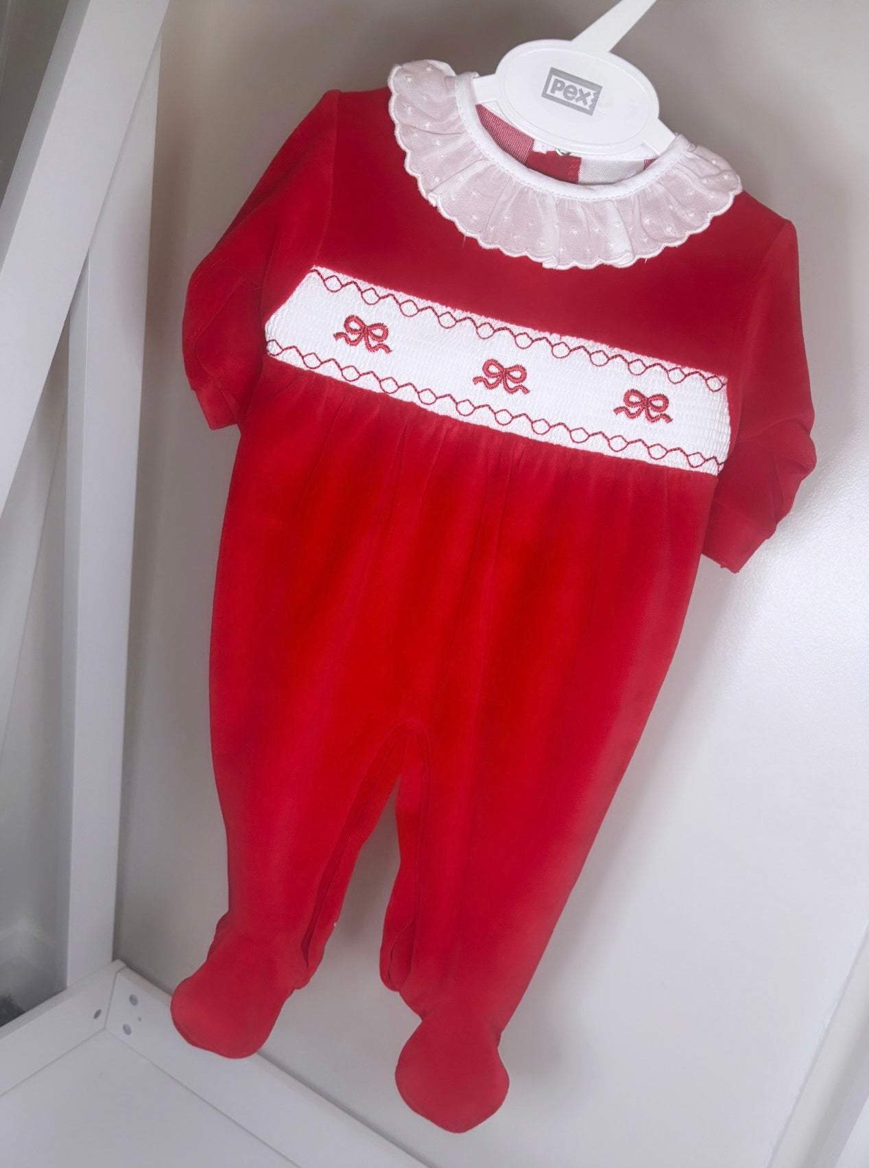 Red Velour Bow Smocked Babygrow